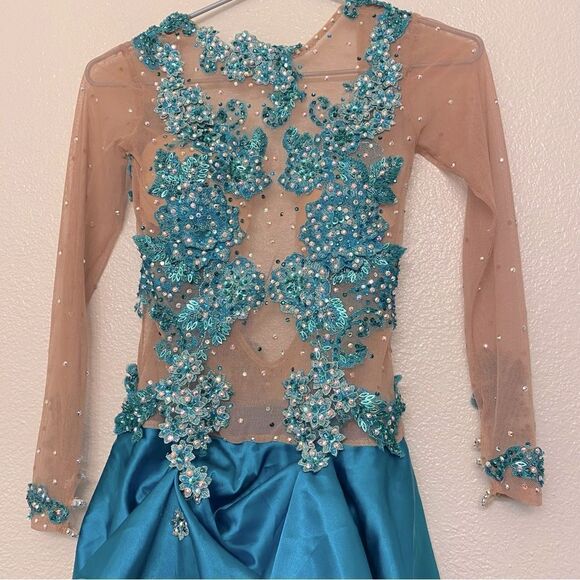 Glamorous Custom solo dance costume dress lyrical teal rhinestone embellish XSA - Picture 5 of 15